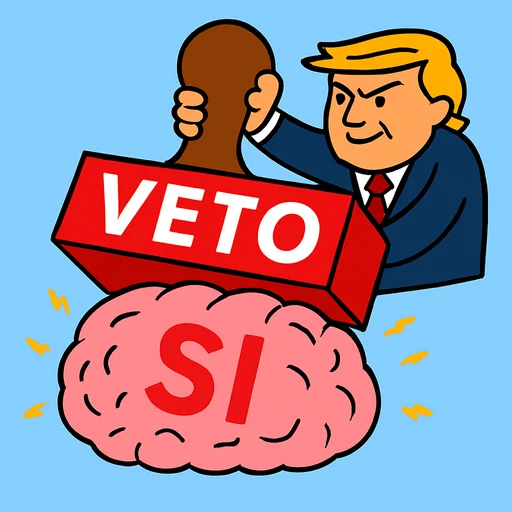 A cartoon rubber stamp reading VETO pressed onto a pink brain marked SI